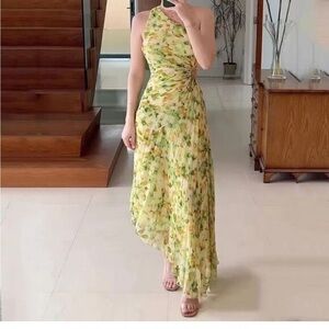 Commense lime green pleated Floral Asymmetrical Dress size xs